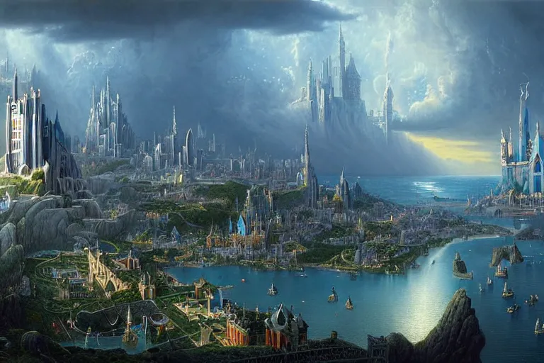 Image similar to a beautiful complex insanely detailed matte painting of the magical city of Atlantic by Heironymous Bosch and James Gurney, blue and silver towers