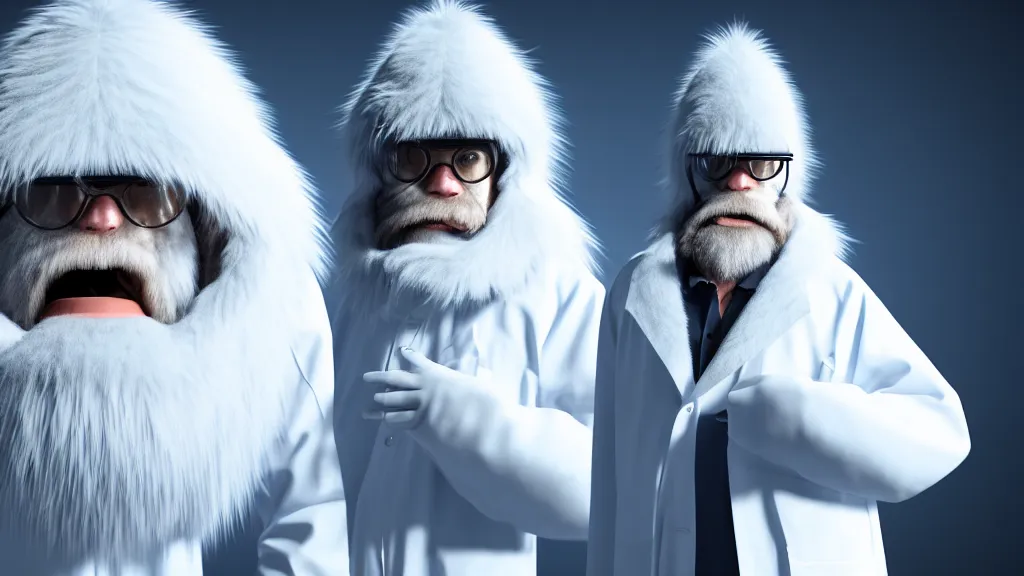 Image similar to a scientist who wears a scientist coat and has a yeti head for a head, 4 k, photorealistic, dramatic lighting