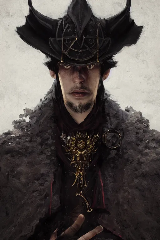 Image similar to A fancy portrait of a occultist by Greg Rutkowski, Sung Choi, Mitchell Mohrhauser, Maciej Kuciara, Johnson Ting, Maxim Verehin, Bloodborne, 8k photorealistic, cinematic lighting, HD, high details, dramatic, dark atmosphere, trending on artstation