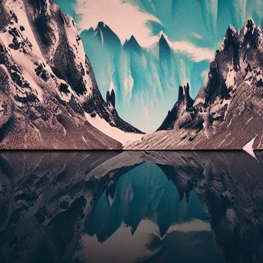 Prompt: an upside down mountain hanging over a lake, distorted, glitched, dramatic, cinematic, realistic, dark