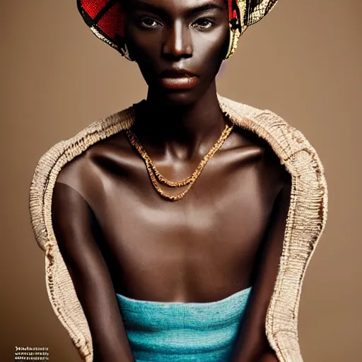 Prompt: African model portrait photograph, editorial story, British Vogue, editorial photographer by Peter Gehrke