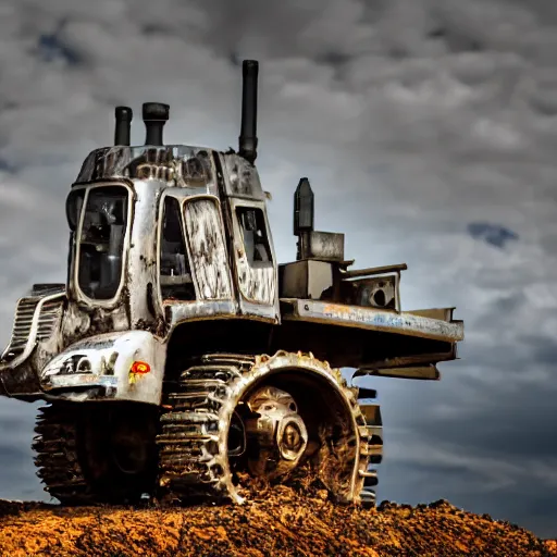 Image similar to giant scary treaded mining automated machine with drill, mining scrap metal, highly detailed body, retro, industrial, dark, dystopian, apocalyptic, clean, 8 5 mm f / 1. 4