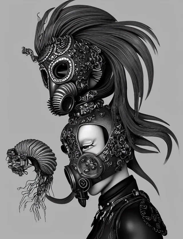 Image similar to 3 d goddess close - up profile punk portrait with vintage gas mask ram skull. beautiful intricately detailed japanese crow kitsune mask and clasical japanese kimono. betta fish, jellyfish phoenix, bio luminescent, plasma, ice, water, wind, creature, artwork by tooth wu and wlop and beeple and greg rutkowski