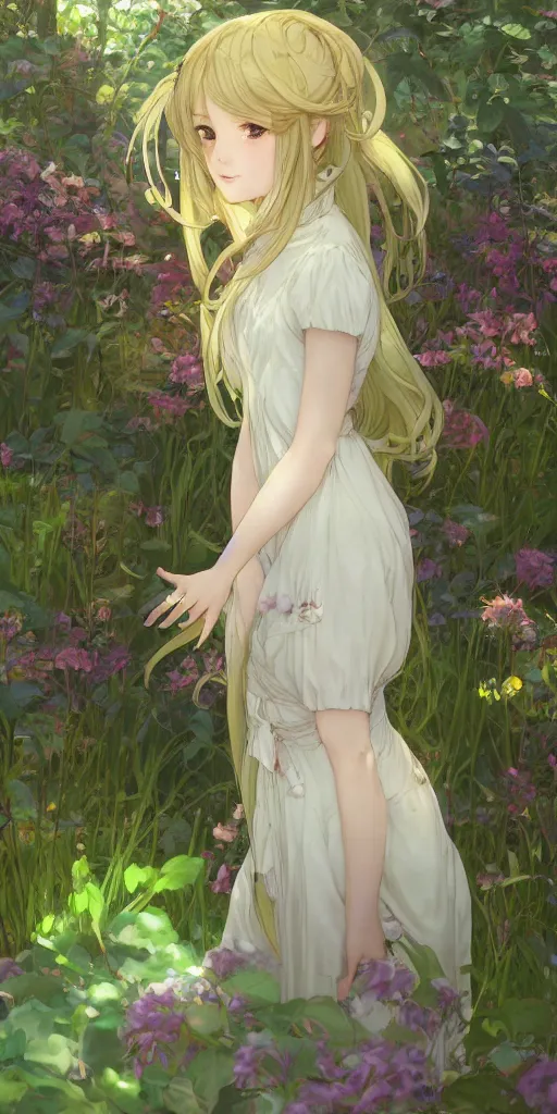 Image similar to a digital art of a loli with long hair in a dress in the privet garden at after noon, green and warm theme, back lighting, by krenz cushart and mucha and akihito yoshida and greg rutkowski and makoto shinkai, detailed eyes, 4 k resolution, trending on art station