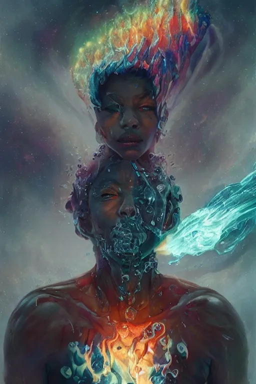 Prompt: the look of a young person, necromancer, witch - doctor covered with ice exploding into fire, full of wrinkles and imperfections, electricity highly detailed, high contrast, light reflection, trippy, nebula, trending on artstation by artgem, by peter mohrbacher, by wlop, by ruan jia