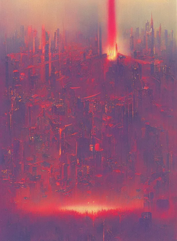 Image similar to 9 / 1 1 terror attack, red and purple palette, volume light, fog, by wayne thiebaud by ( h. r. giger ) and paul lehr