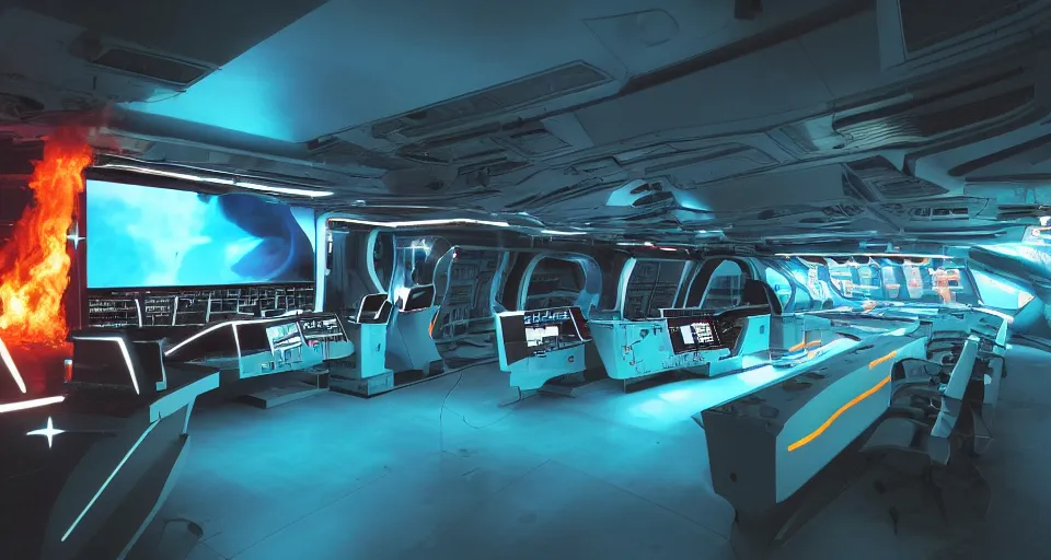 Image similar to Film still of the bridge of a space ship, large viewscreens, control panels, white plastic, black interface, metallic, soft orange and cyan highlights, burning fire, electric sparks, smoke, Cinestill colour cinematography, anamorphic