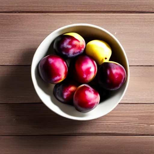 Image similar to photo of a thick porcelain bowl filled with a few moist freshly picked plums on a wooden table. volumetric lighting. 4 k. small scale. realistic. top down.