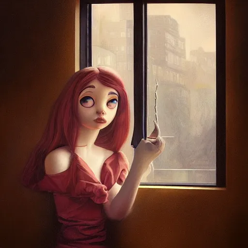 Image similar to Lofi portrait at a window, Pixar style by Stanley Artgerm and Tom Bagshaw and Tim Burton