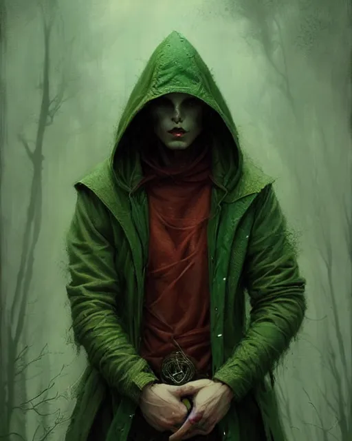 Image similar to portrait Green hooded jacket coat Beefy muscular fit Hunter elf, long-haired By greg rutkowski, tom bagshaw, beksinski