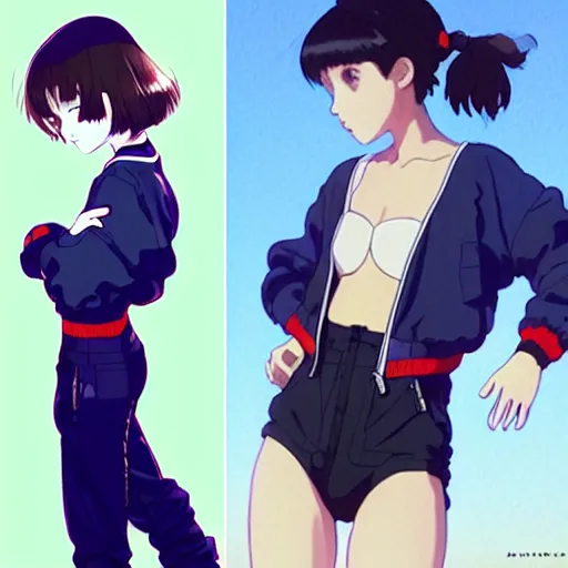 Image similar to a beautiful! boyish! natalie portman alluring gravure! model, wearing oversized mayan bomber jacket and leotard with overalls, bulky poofy bomber jacket with mayan patterns, gapmoe yandere grimdark, trending on pixiv fanbox, painted by greg rutkowski makoto shinkai takashi takeuchi studio ghibli, akihiko yoshida