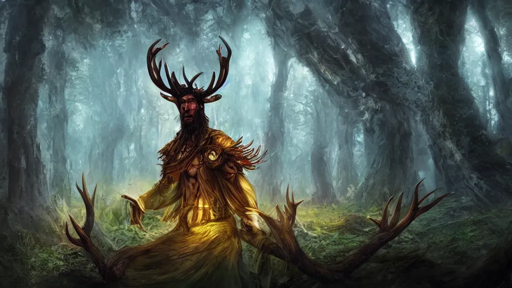 Image similar to A single male druid, with antlers on his head and large hawk wings on his back, casting a powerful glowing spell in the middle of an enormous, enchanted forest, dreamscape, dramatic lighting, fantasy art illustration, trending on artstation, Aetherpunk