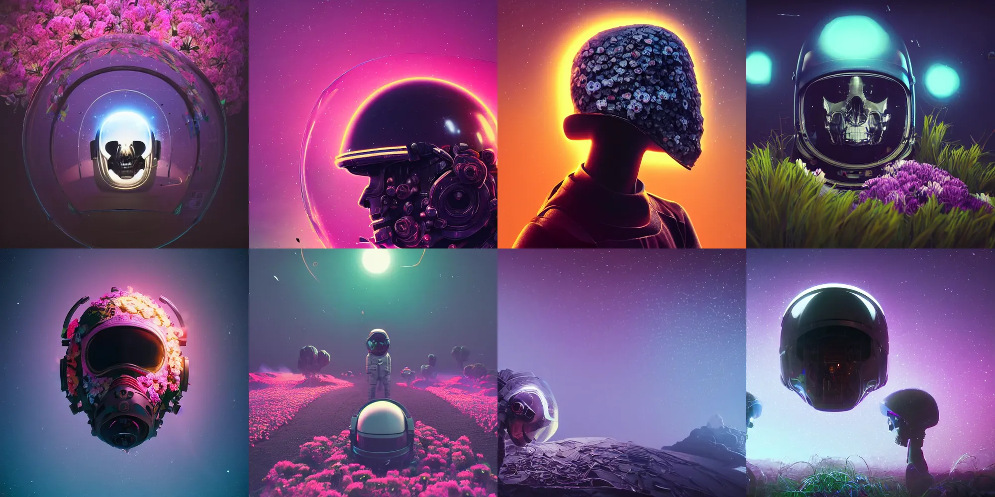 Image similar to beautiful dark landscape, astronaut cracked helmet skull head, beautiful flowers growing, in the style of beeple and mike winkelmann, intricate, epic lighting, cinematic composition, hyper realistic, 8 k resolution, unreal engine 5, raytracing, ultraviolet colors,