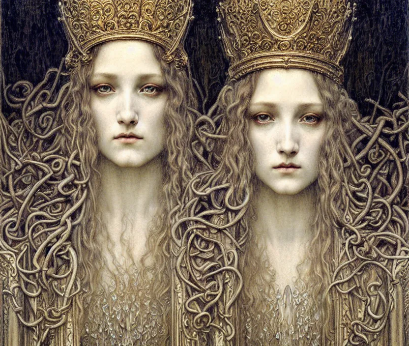 Image similar to detailed realistic beautiful young medieval queen face portrait by jean delville, gustave dore and marco mazzoni, art nouveau, symbolist, visionary, gothic, pre - raphaelite. horizontal symmetry