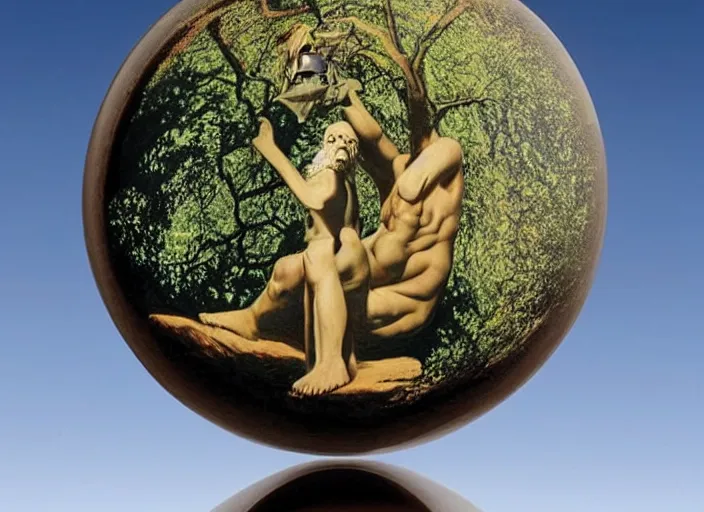 Image similar to non - euclidean pagan ancient god statue on a spherical tree by salvadore dali and rene magritte