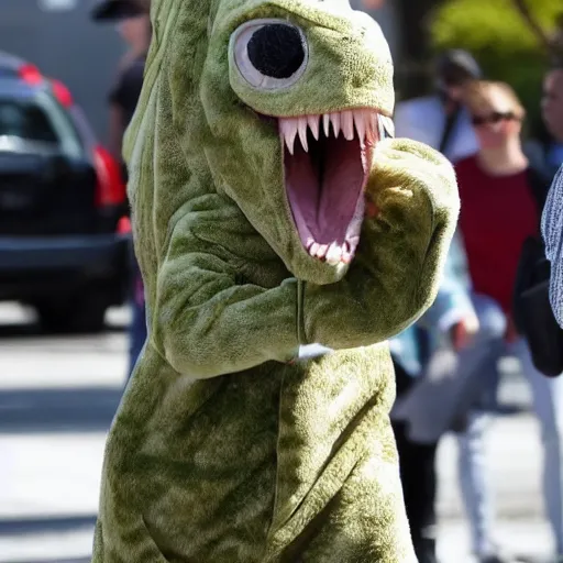 Prompt: taylor swift wearing a dinosaur costume real paparazzi picture