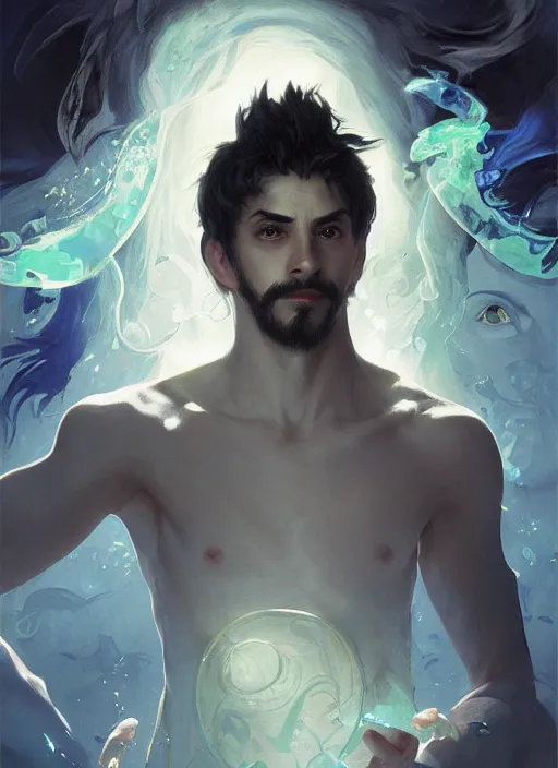 Prompt: character concept portrait of an attractive young sleepy Spanish wizard with blue skin conjuring an ocean spell, a floating iridescent spell book in the center, intricate, elegant, digital painting, concept art, smooth, sharp focus, illustration, from Metal Gear, by Ruan Jia and Mandy Jurgens and William-Adolphe Bouguereau, Artgerm