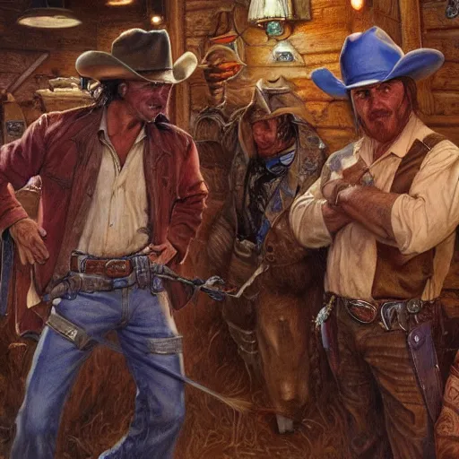 Prompt: two cowboys in a bar fighting ghouls, fantasy D&D character, portrait art by Donato Giancola and James Gurney, digital art, trending on artstation