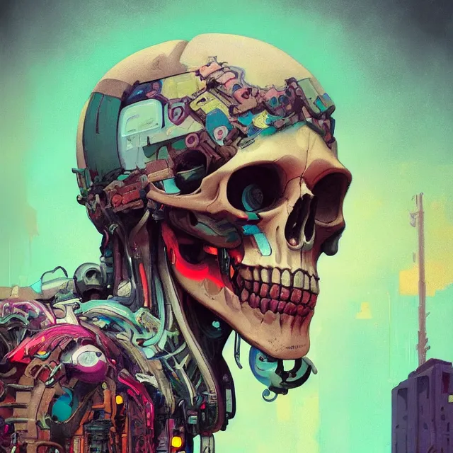 Prompt: a beautiful portrait painting of a ( ( cyberpunk ) ) skull by simon stalenhag and pascal blanche! and alphonse mucha! and nekro!. in style of digital art. colorful comic, film noirs!, symmetry, hyper detailed. octane render. trending on artstation