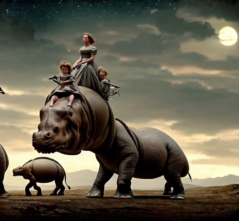 Image similar to sharp, highly detailed, film from a 2 0 1 9 sci fi 8 k movie, set in 1 8 6 0, a family riding on the back of small alien hippos, across an alien landscape, wearing 1 8 6 0 s clothes, atmospheric lighting, in focus, reflective eyes, 3 5 mm macro lens, live action, nice composition