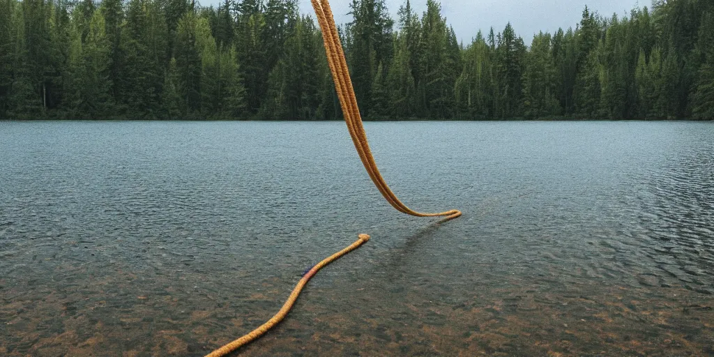 Prompt: centered photograph of a long rope snaking directly on the surface of the water, rope center of the lake, a dark lake on a cloudy day, color film, trees in the background, anamorphic lens