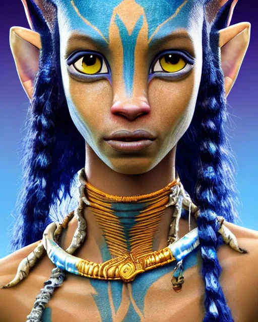 Prompt: An epic fantasy comic book style portrait painting of an extremely cute and adorable, very beautiful Nafi Thiam as Neytiri in Avatar (2009), character design by Mark Ryden and Pixar and Hayao Miyazaki, unreal 5, DAZ, hyperrealistic, octane render, cosplay, RPG portrait, dynamic lighting, intricate detail, summer vibrancy, cinematic