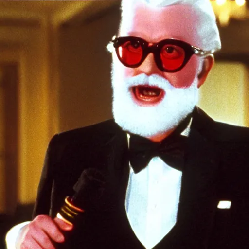 Image similar to A movie still of Colonel Sanders as a 1980s supervillian