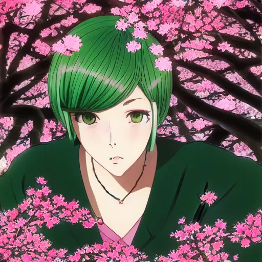 Prompt: anime key visual of a woman with short green hair wearing a black saree meditating near a japanese spring surrounded by cherry blossom trees by ilya kuvshinov and satoshi kon