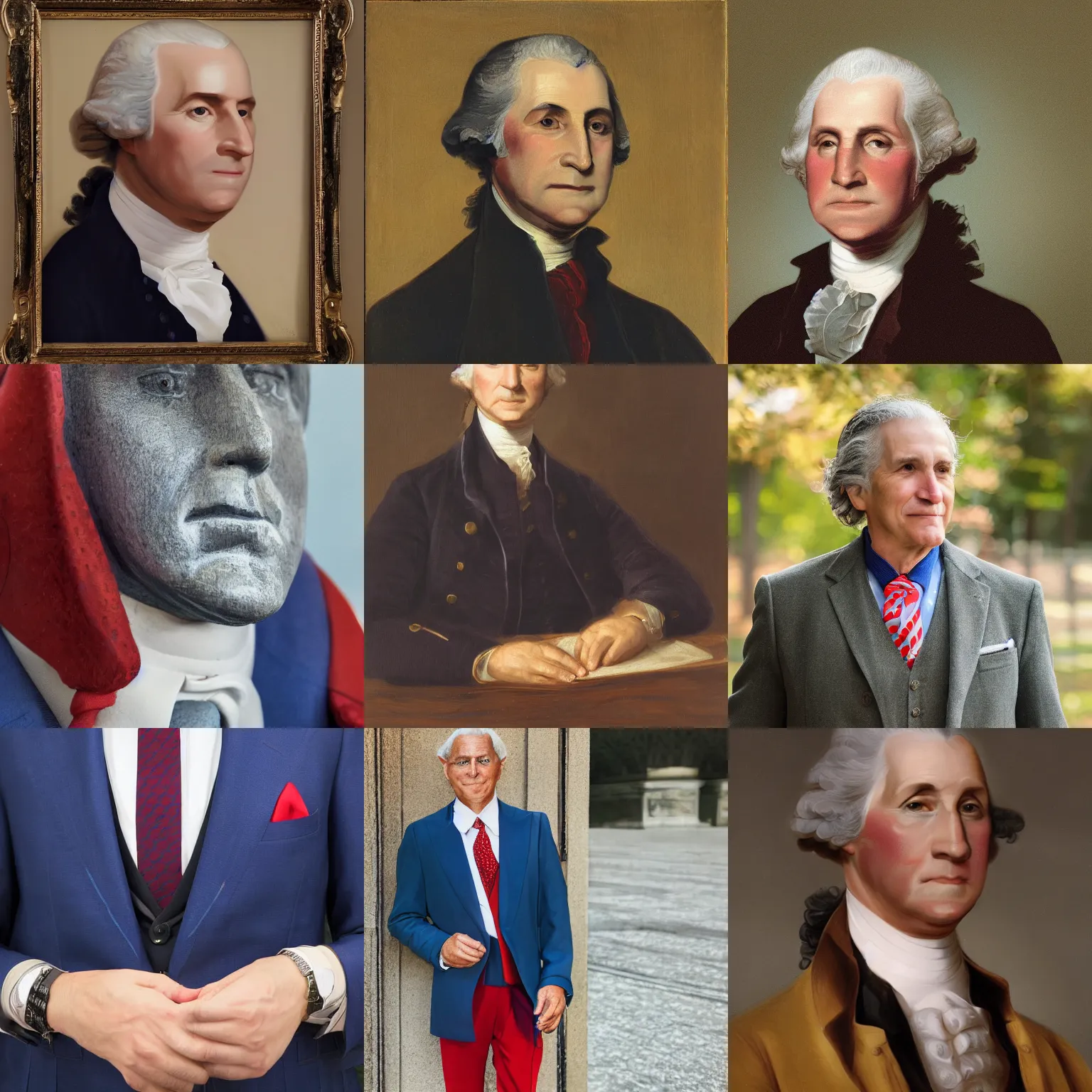 Prompt: facial portrait of george washington, windsor knot tie, blue suit, red tie, iq 4, f / 1. 4, iso 2 0 0, 1 / 1 6 0 s, 8 k, sense of depth, in - frame, 2 0 2 2