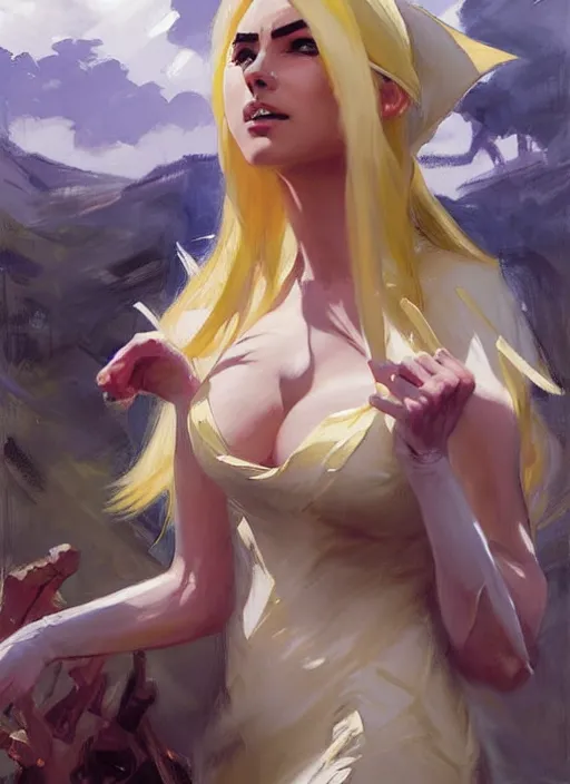 Image similar to greg manchess painting of syndra from league of legends, countryside, calm, fantasy character portrait, dynamic pose, above view, sunny day, thunder clouds in the sky, artwork by jeremy lipkin and giuseppe dangelico pino and michael garmash and rob rey, very coherent asymmetrical artwork, sharp edges, perfect face, simple form, 1 0 0 mm