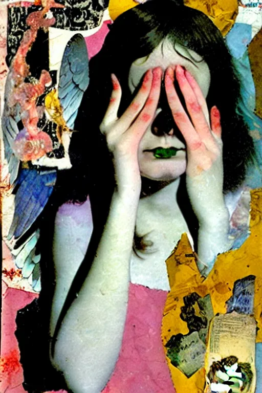 Prompt: a young adult angelgirl soft crying with lots of hands on her face and ratty feathered angel wings, stressed and burnt out, collage by kurt schwitters and eileen agar