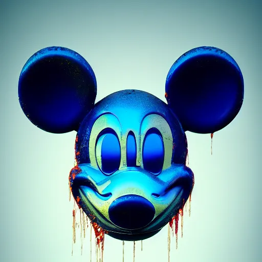 Prompt: counterfeit mickey mouse head, fractal, broken, LSD, wet, melting, fractured, mycelium, radiant alien, rococo, baroque, automotive, bio-mechanical, porcelain, iridescent, sub surface scattering, octane render