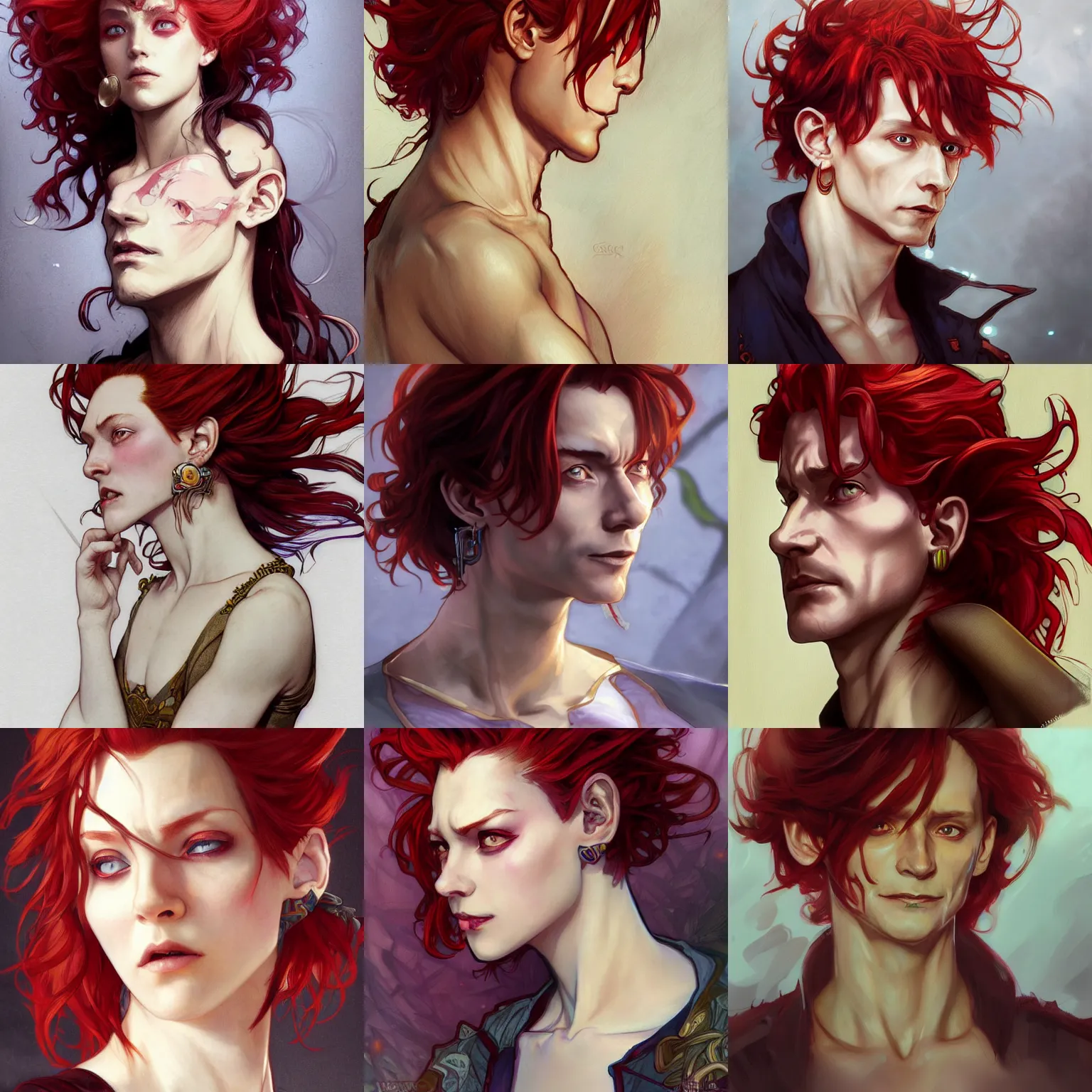 Prompt: hisoka, tom hiddleston, art by artgerm and greg rutkowski and alphonse mucha, reddish hair, sly expression, d & d, fantasy, earrings, portrait, highly detailed, side profile, digital painting, trending on artstation, concept art, sharp focus, illustration