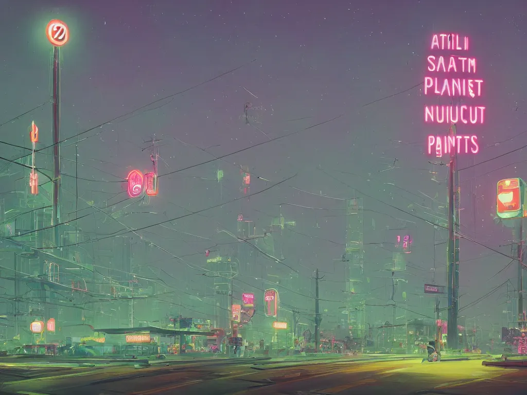 Image similar to tall futuristic buildings, billboards and neonsigns by night, stars and plantes by Yusei Uesugi and Simon Stålenhag