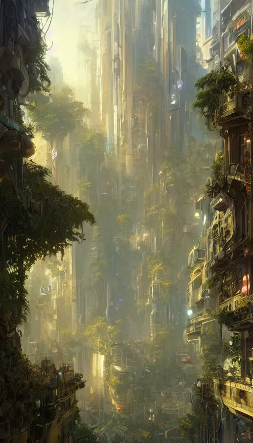 Image similar to hyper realistic cyberpunk city, overtaken by lush plants, gnarly trees by tom bagshaw, mucha, gaston bussiere, craig mullins, j. c. leyendecker 8 k
