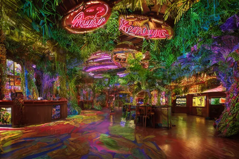 Image similar to photorealistic painting of a Rainforest Cafe by William Holman Hunt and Francesco Hayez, BladeRunner, dark, rainy, neon sign, octane render, 8k, award-winning, highly detailed, trending on arstation