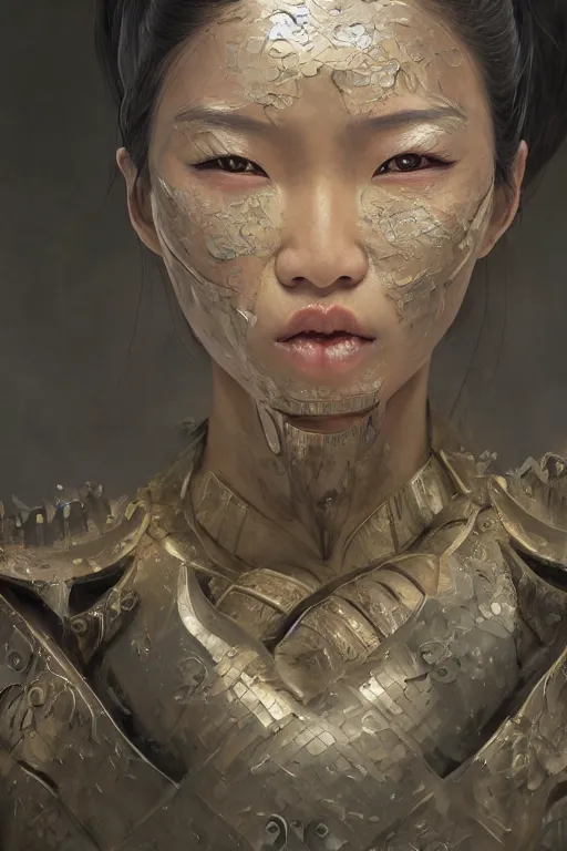 Image similar to Art station concept of Asian woman, fair skin, big eyes, long black hair, no bangs, wearing sculpted textured armor, closes her eye, battle damage, intricate complexity, close-up of the front of the face, resolute expression, back lighting, 4K resolution, symmetric, clear facial features, by Ruan Jia and Mandy Jurgens and William-Adolphe Bouguereau, Karol Bak, smooth, sharp focus, rich deep colors, Unreal Engine 5, digital render, intricate, ultra realistic, concept art,