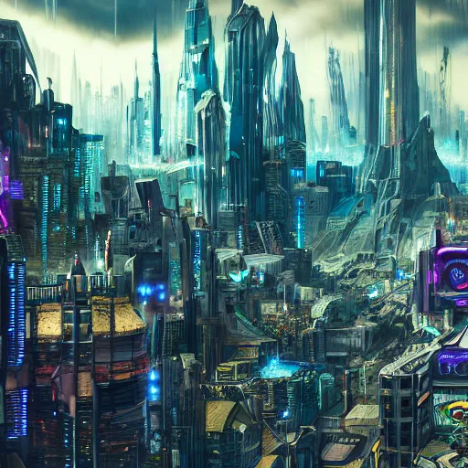 Image similar to fantasy cat looking down on huge cyberpunk style city, high detail, fantasy art, concept art, 4 k, ultra detail, computer art