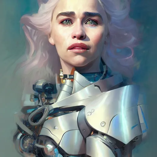 Image similar to a portrait of Emilia Clarke as a beautiful cybernetic techno queen, white woman, cyberpunk concept art by pete mohrbacher and wlop and artgerm josan gonzalez and syd mead, digital art, highly detailed, intricate, sci-fi, sharp focus, Trending on Artstation,