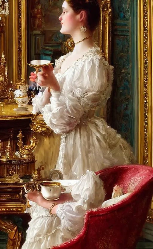 Image similar to Victorian princess drinking tea on the royal palace dining room. By Konstantin Razumov, highly detailded