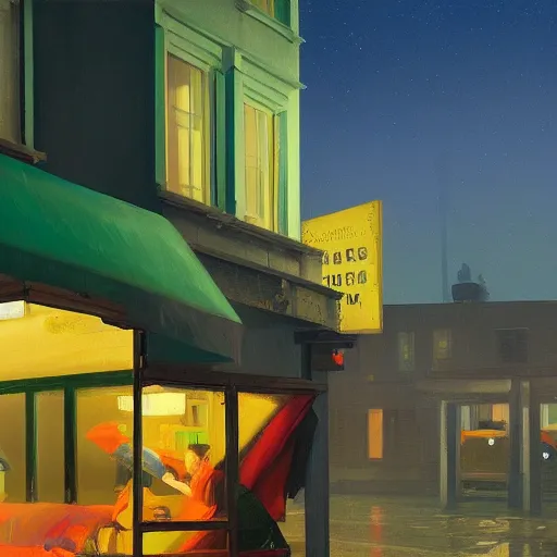 Image similar to a photorealistic digital rendering of a rain soaked shanty town at night by Edward Hopper and James Gilleard, oil painting