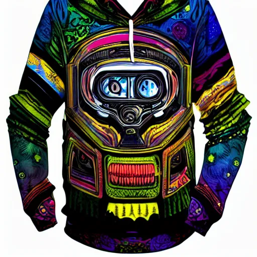 Image similar to mockup of a black hoodie with a hyperdetailed portrait of a steampunk robot on lsd in robert crumb style, 8 k, symetrical, flourescent colors, trippy mood, multicolored,