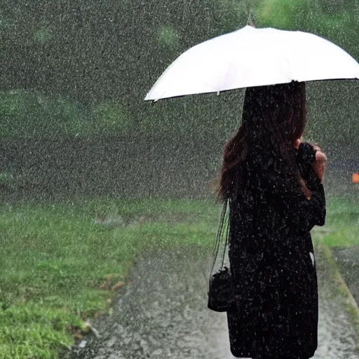 Prompt: heavy rain and a girl with an umbrella searching the sun