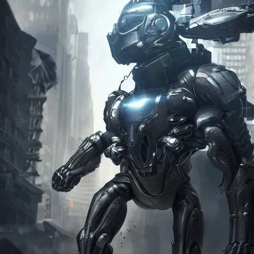 Image similar to Nanosuit from Crysis 4 fighting soldiers in New York, by Cedric Peyravernay, highly detailed, excellent composition, cinematic concept art, dramatic lighting, trending on ArtStation