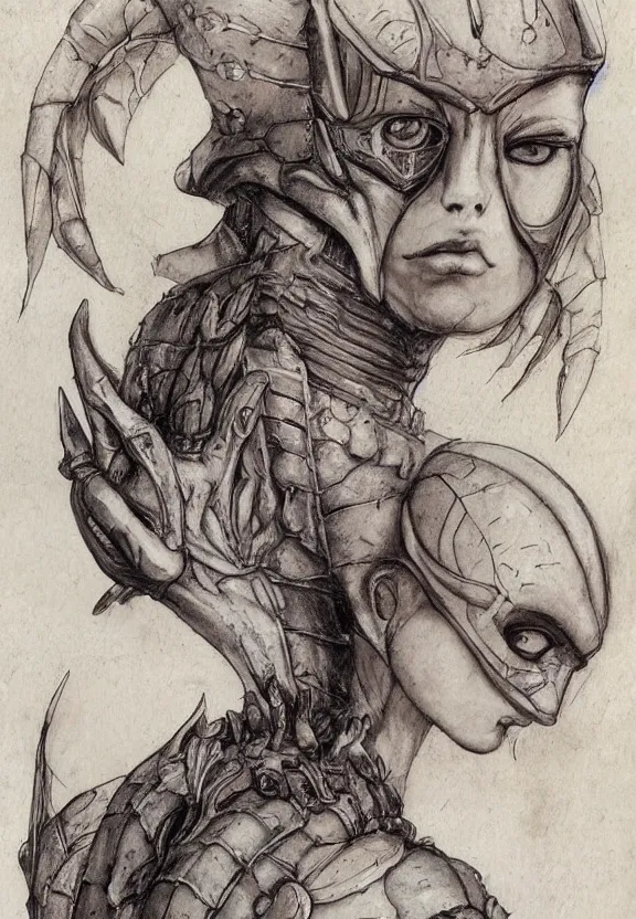 Prompt: fantasy, symmetrical beautiful human face, female humanoid creature, vascularity, plant armour, shell head piece, muscular, large cute anime eyes, stylised, torso and head, bust, diagram, sketchbook, greys anatomy book, sketches, on old distressed parchment paper, watercolour, by brian froud