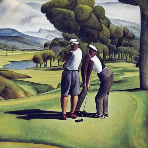 Image similar to Three golfers on a beautiful golf course, by Diego Rivera