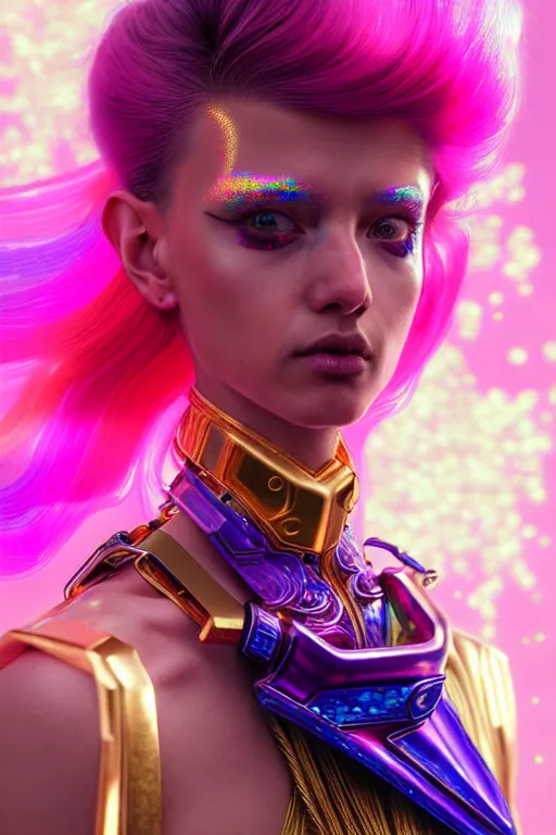 Prompt: hyperdetailed portrait of a stunningly beautiful european girl androgynous guard made of iridescent metals shiny pink gems, bright rainbow gold cyberpunk nimbus, inspired by ross tran and wlop and masamune shirow and kuvshinov, concept art, intricate, photorealistic, octane render, rtx, hdr, unreal engine, dnd digital art by artgerm