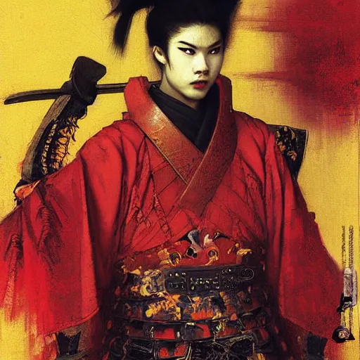 Prompt: portrait of a samurai warrior, goth punk,, vibrant red yellow colors, surreal, a french baroque by jean paul gaultier, art by greg rutkowski by john william waterhouse, oil on canvas