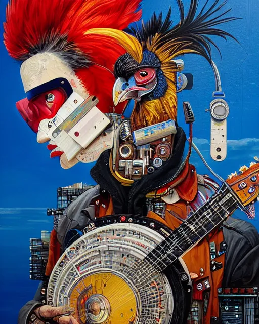 Prompt: a portrait of an anthropomorphic cyberpunk rooster picking on a banjo by sandra chevrier, by jon foster, detailed render, tape deck, epic composition, cybernetics, 4 k realistic, cryengine, realistic shaded lighting, sharp focus, masterpiece, by enki bilal