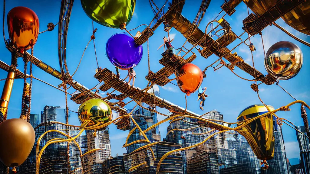 Image similar to large colorful futuristic space age metallic steampunk balloons with pipework and electrical wiring around the outside, and people on rope swings underneath, flying high over the beautiful futuristic city landscape, professional photography, 8 0 mm telephoto lens, realistic, detailed, photorealistic, photo journalism